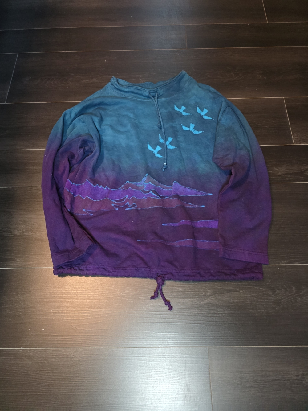 Grebe Batik Hand-Dyed Mountain Birds Hoodie Size M / Teal Purple Indie